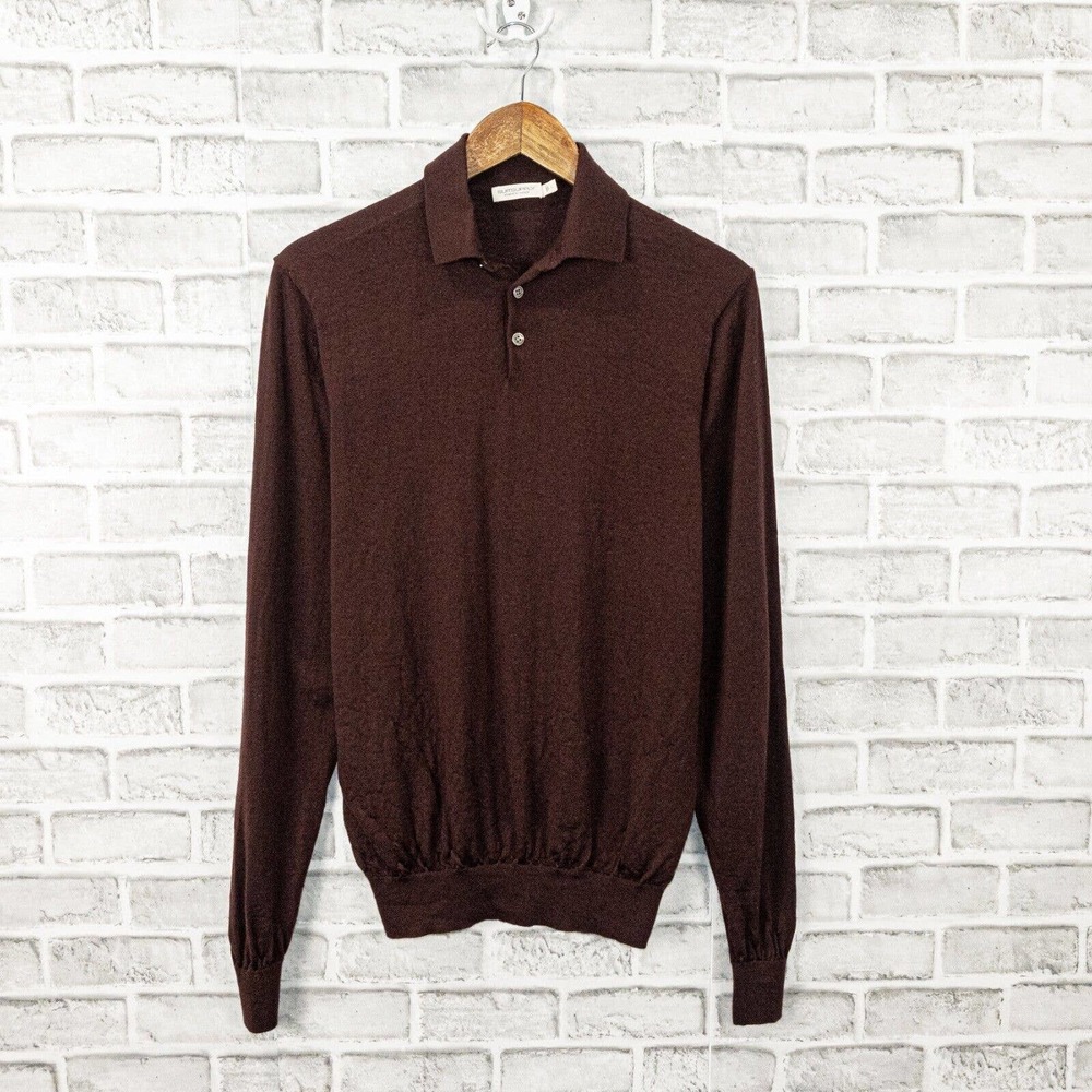 Suitsupply Men's Burgundy Long Sleeve Polo Shirt Pure Australian Merino Wool L